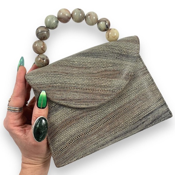 90's designer MICHELLE LALONDE New York reptile suede mini bag tortoise handle - Picture 9 of 14